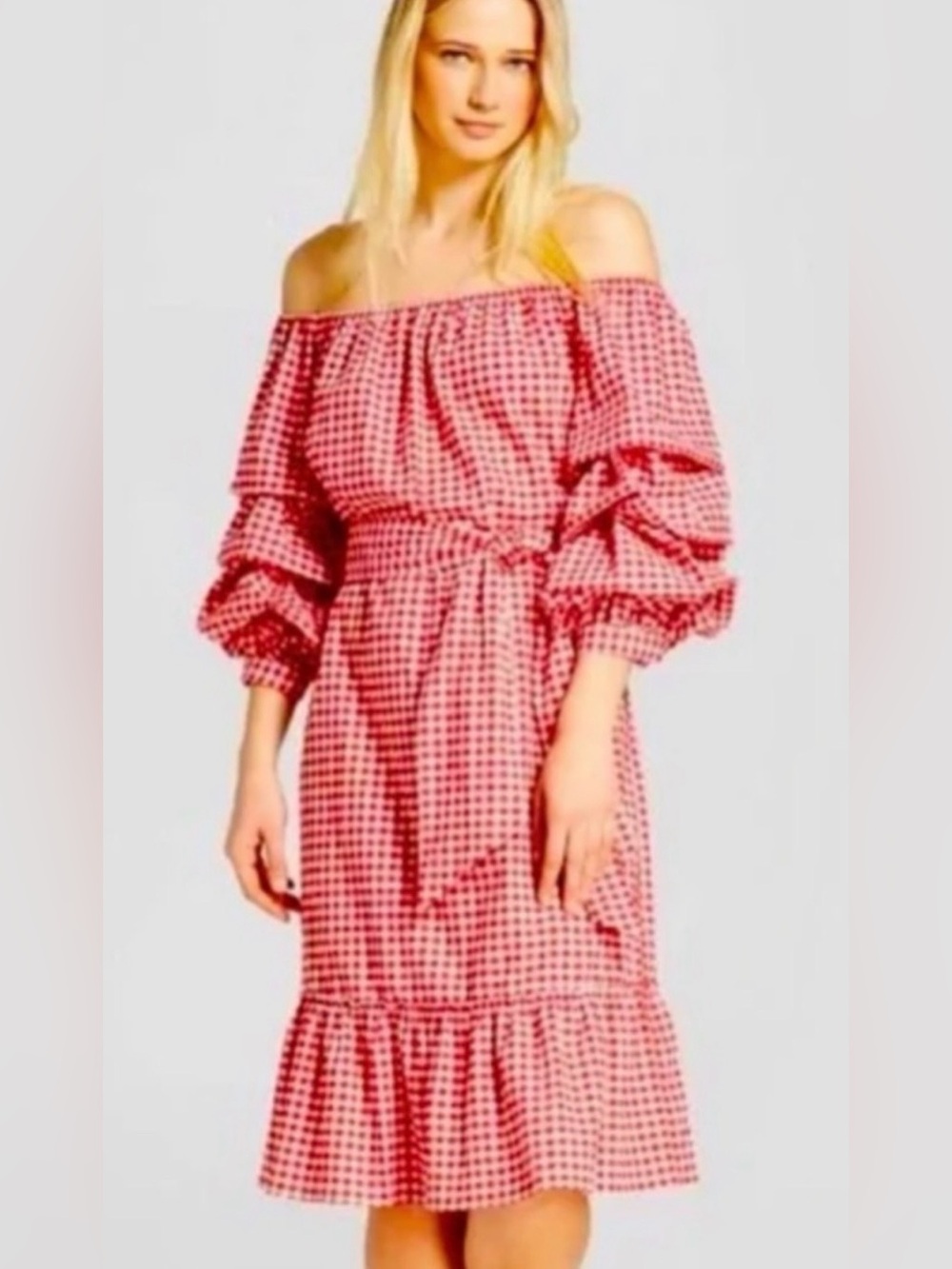 Who What Wear Womens M Off-Shoulder Red Gingham Midi Dress-NWT